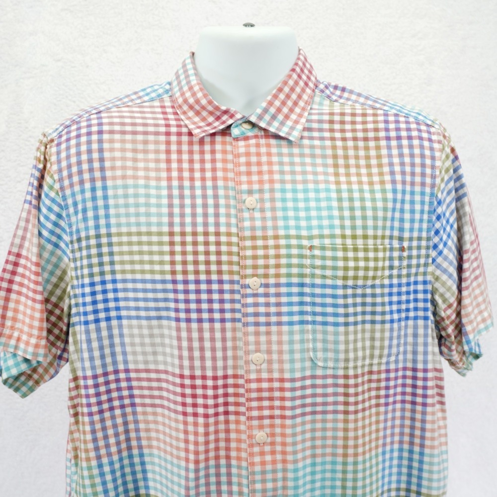 Tommy Bahama Medium Multi-Colored Plaid Collared Button Up Shirt Short Sleeve